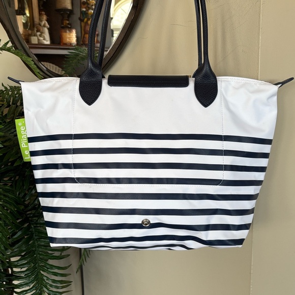 Longchamp Le Pliage Mariniere Zippered Shoulder Tote Blue White Nautical Stripes - Picture 9 of 16